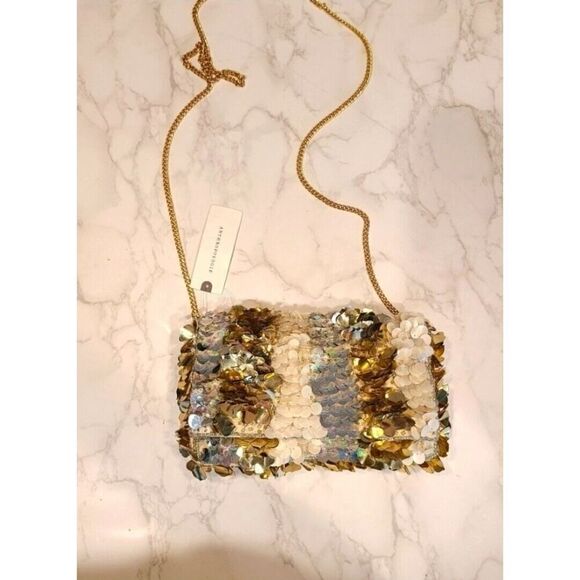 Anthropologie Sequined Crossbody Clutch, Neutral Colorway, Gold Chain | OS NWT - Picture 11 of 11